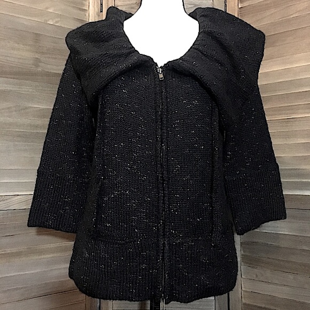 Fever Black Knit Cardigan Sweater with Oversized Collar, Large